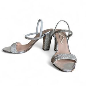 Nina Sanchia Rhinestone Heels Silver Ankle Strap Sandals Size 7 Wedding Prom